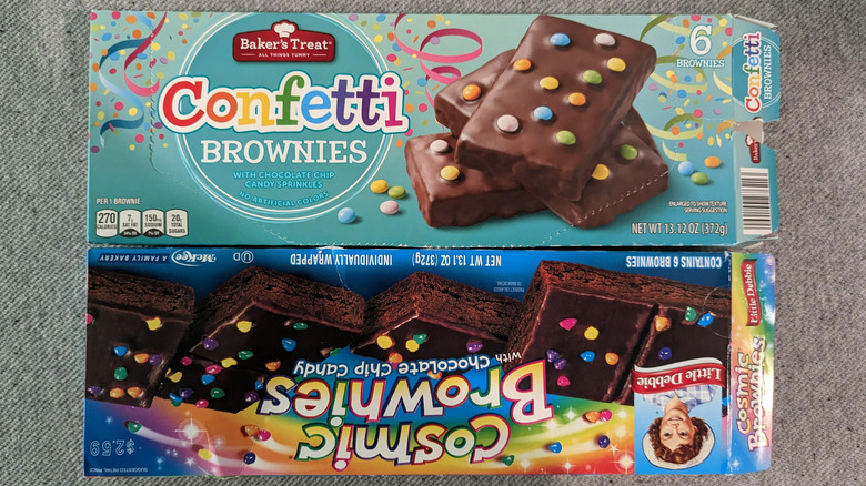 mirror top and bottom photos of Baker's Treat Confetti and Little Debbie Cosmic Brownie boxes
