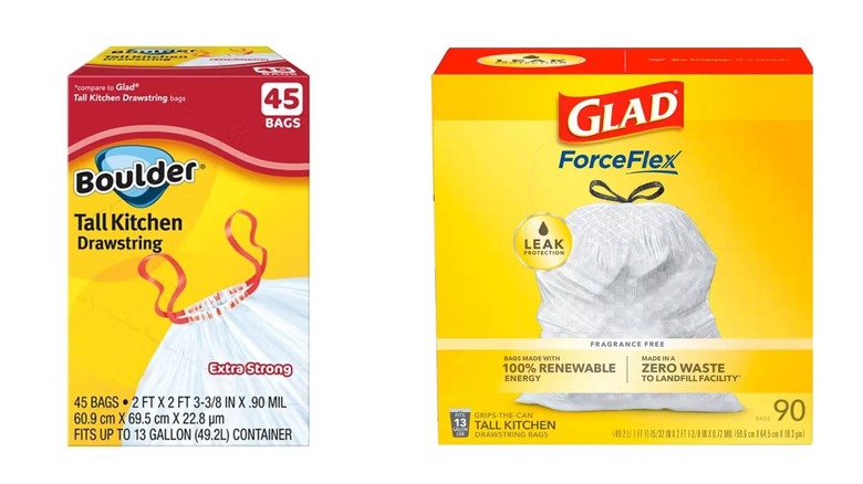 side by side photos of Boulder and Glad Tall Kitchen Garbage Bag boxes