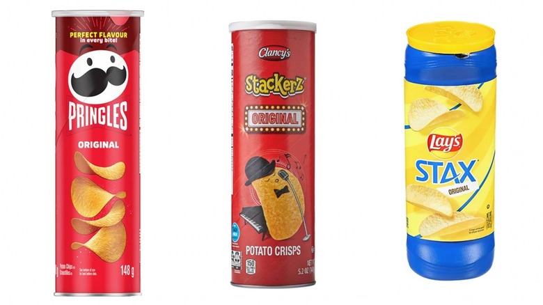 side by side photos of Clancy's Stackerz, Pringles, and Lay's Stax chips retail packaging