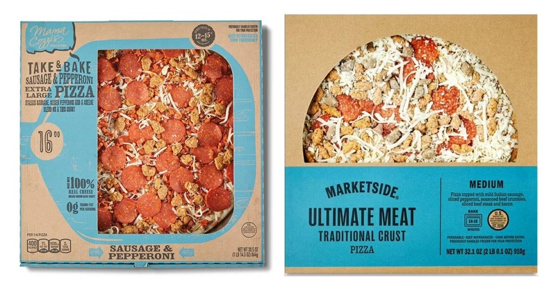 Side by side photos of Aldi's Mama Cozzi and Walmart's Marketplace take-and-bake pizzas