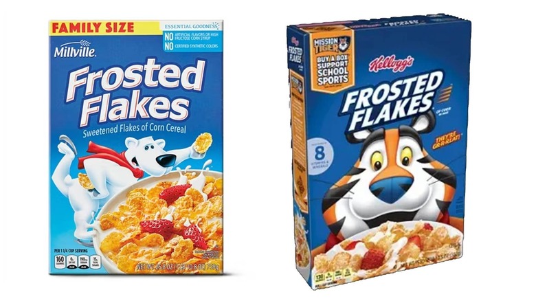 side by side photos of millville frosted flakes and kellogg's frosted flakes cereal boxes