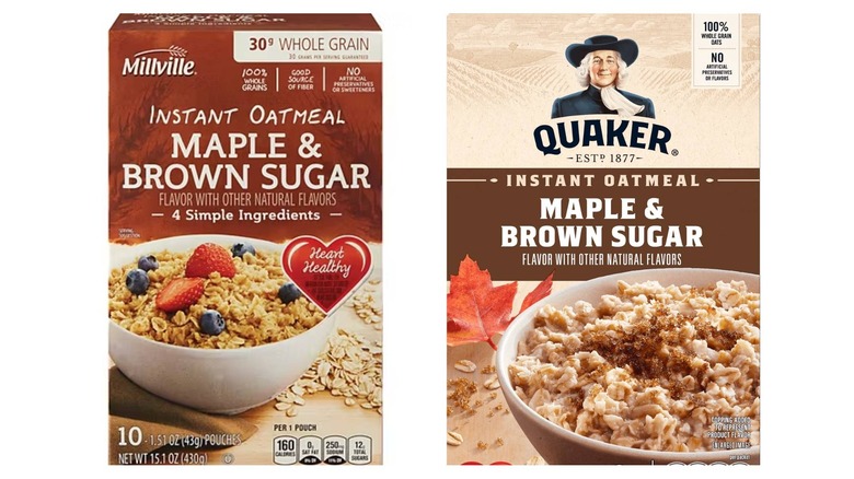 side by side packages of Millville and Quaker maple brown sugar instant oatmeal