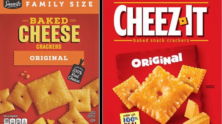 Side by side of Savoritz Baked Cheese Cracker and Cheez-It cracker boxes