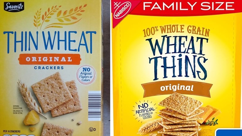 Side by side of Savoritz Thin Wheat and Nabisco Wheat Thin Cracker boxes