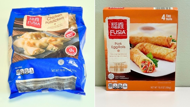 A bag of Fusia Chicken Potstickers next to a box of Fusia Pork Egg Rolls