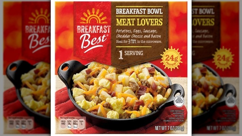 Meat lovers breakfast bowl on white background