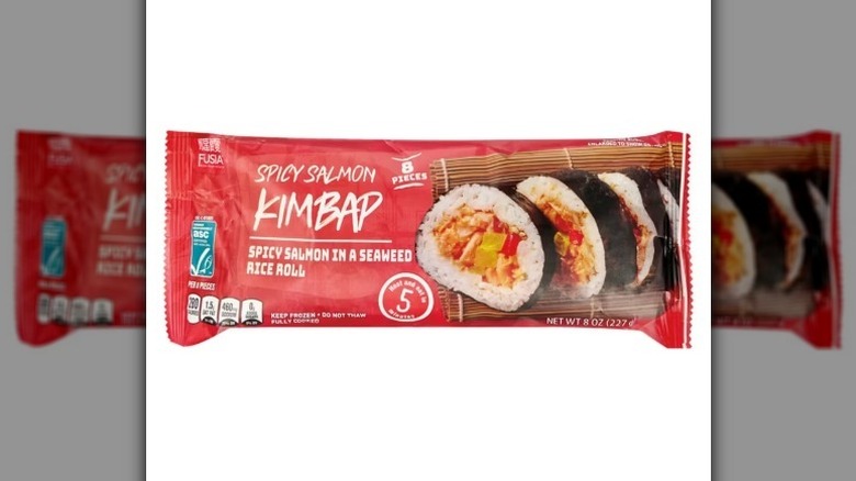 Salmon kimbap on white background