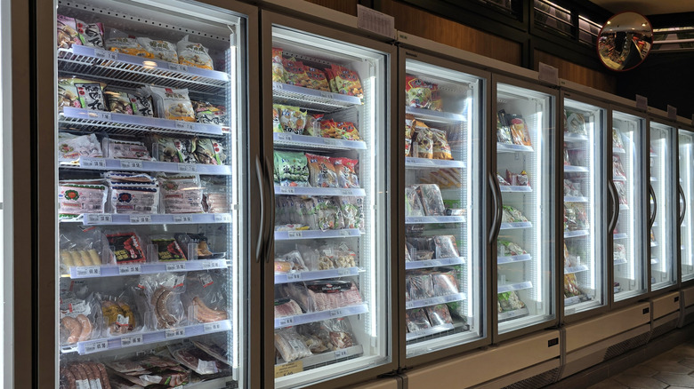 Frozen aisle in grocery store.