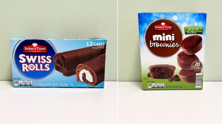 Side-by-side boxes of Baker's Treat Swiss Rolls and Mini Brownies.