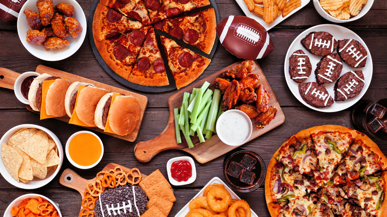 Table of appetizers prepared for a Super Bowl-themed menu