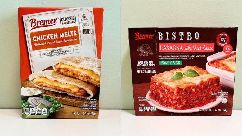 A box of Bremer chicken melts next to a bowl of Bremer bistro lasagna