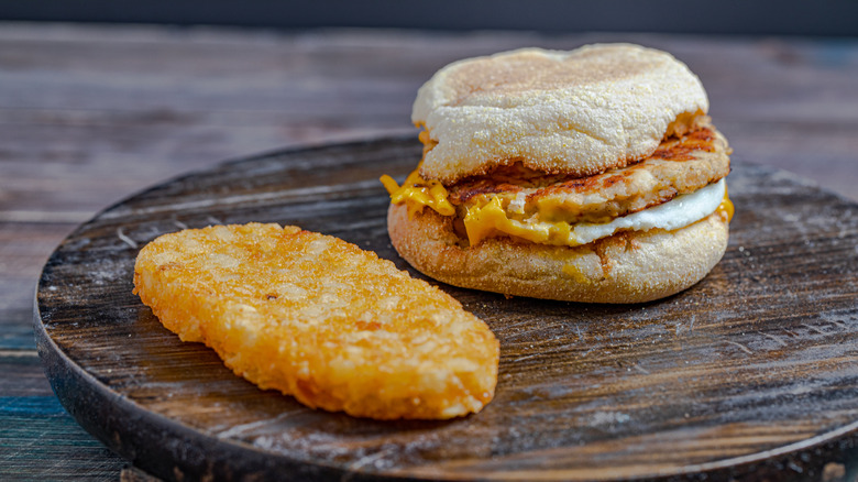 Sausage, egg, and cheese breakfast sandwich with a hashbrown