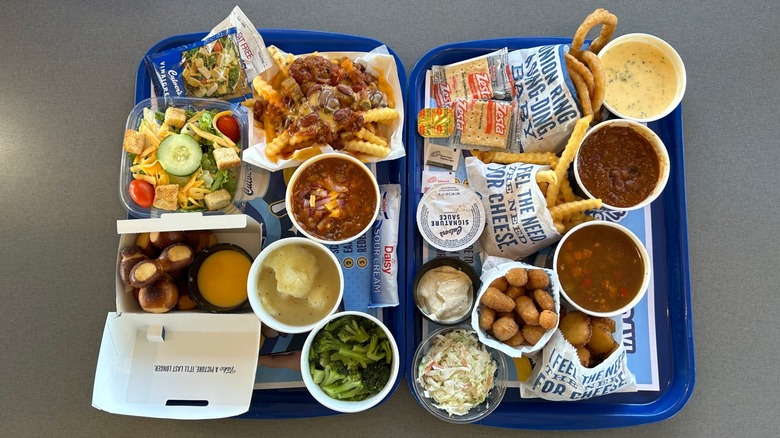 Every side dish available at Culver's on two blue plastic trays