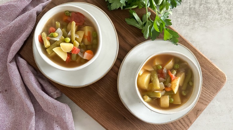 vegetable soup in serving bowls