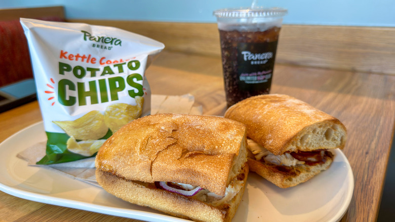 Sandwich, chips, and a drink from Panera.