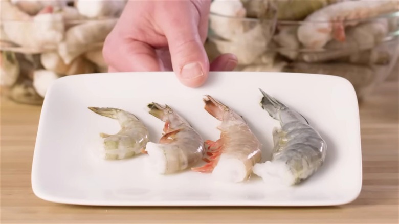 Different sized shell-on shrimps on plate