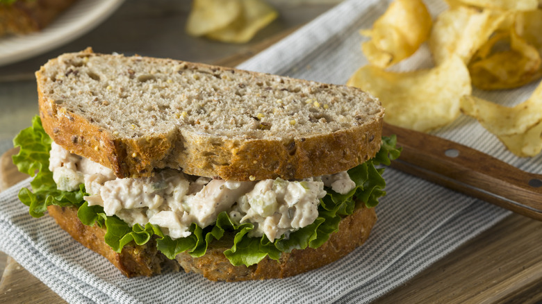 chicken salad sandwich and potato chips
