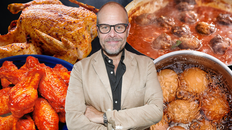 Alton Brown smiling over food