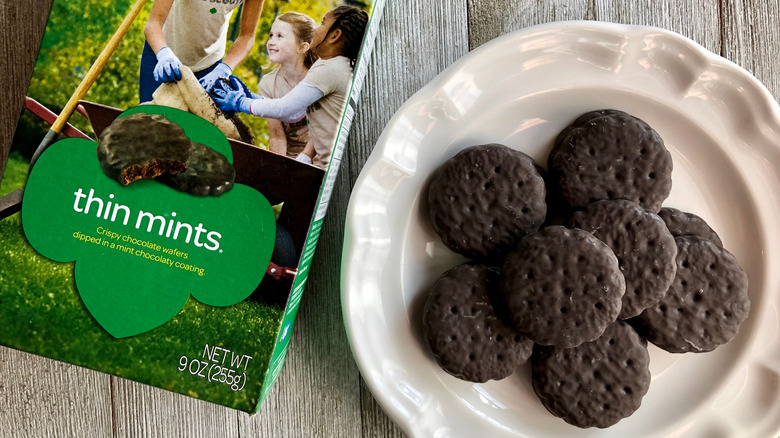 Girl Scout Thin Mint cookies on a table