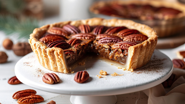 Pecan pie with a slice missing