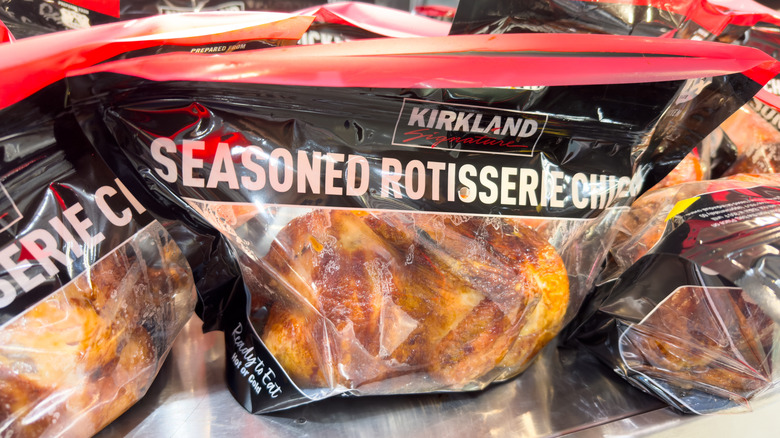 Packages of Kirkland Signature seasoned rotisserie chickens