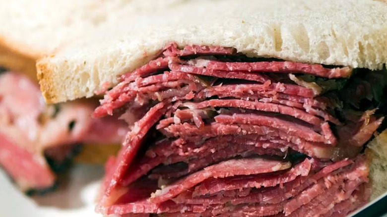 Closeup of a Manny's pastrami sandwich