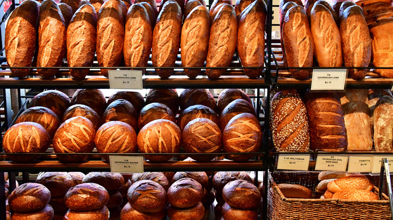 Rows of sourdough loaves at Boudin Bakery