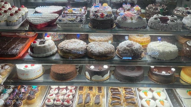 Close-up of cakes behind the counter at Holtermann's Bakery
