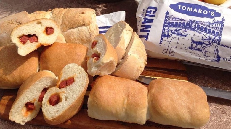 Close-up on an assortment of Tomaro's Bakery pepperoni rolls