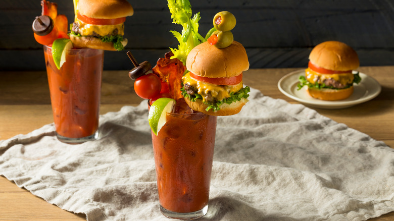 Bloody Mary garnished with burger