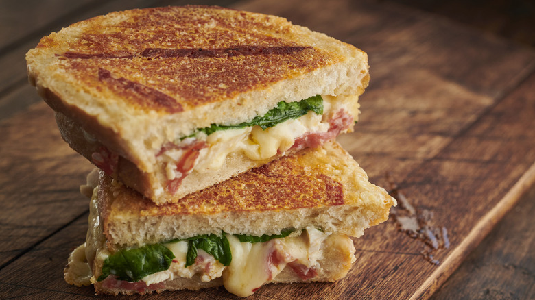 Toasted chicken, chorizo, and cheese sandwich