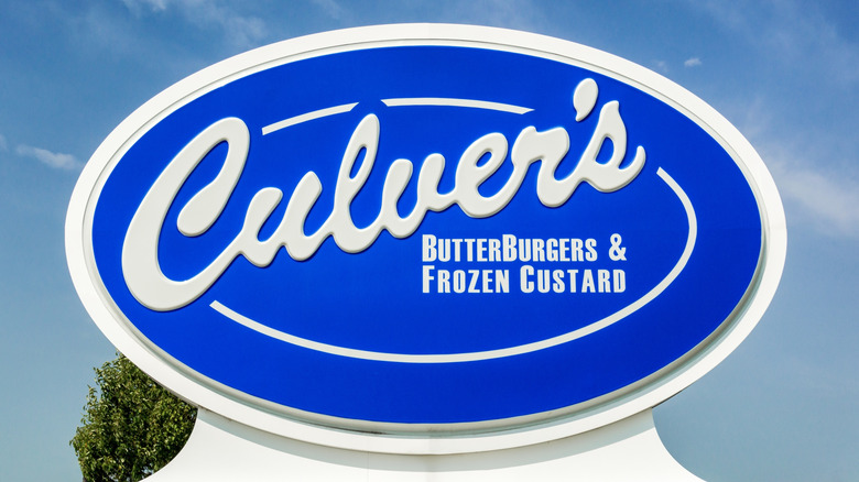 A blue and white Culver's logo sign