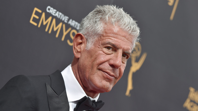 Anthony Bourdain in a black tuxedo at the Emmy Awards
