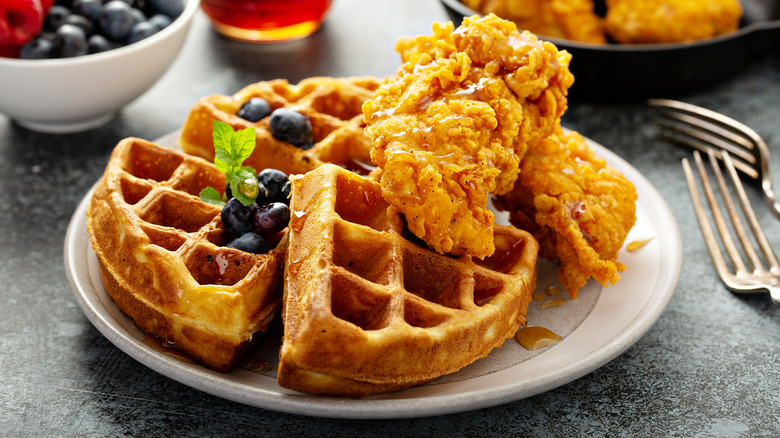 Close up of fried chicken and waffles