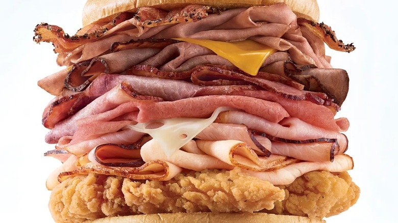 close up of Arby's Meat Mountain sandwich