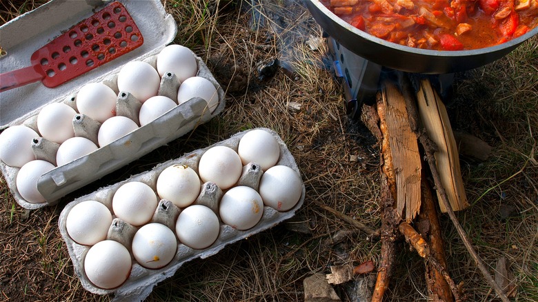White eggs next to wood fire 