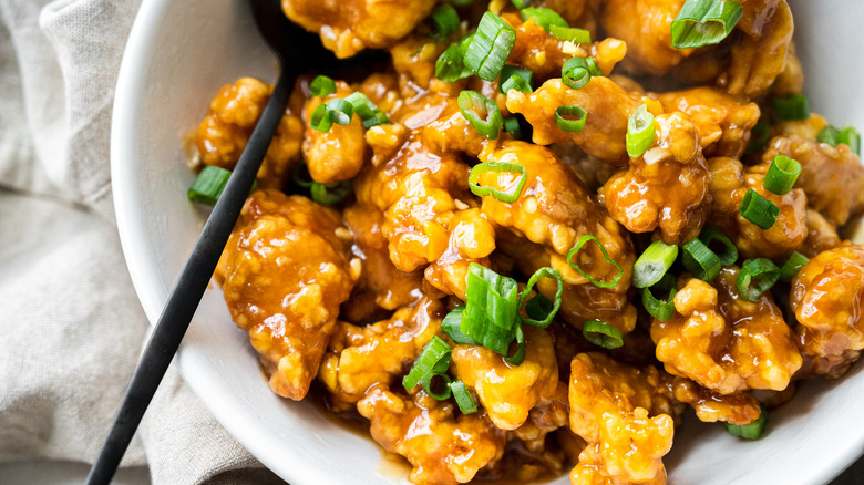 close up of orange chicken