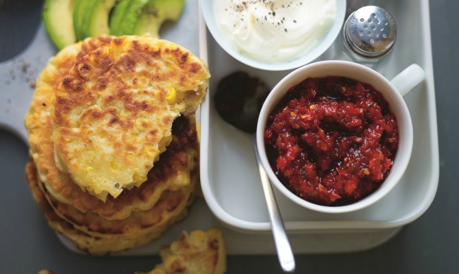 Aussie Sweet Corn Breakfast Fritters with Avocado & Arugula Salad & Sweet Chilli Jam