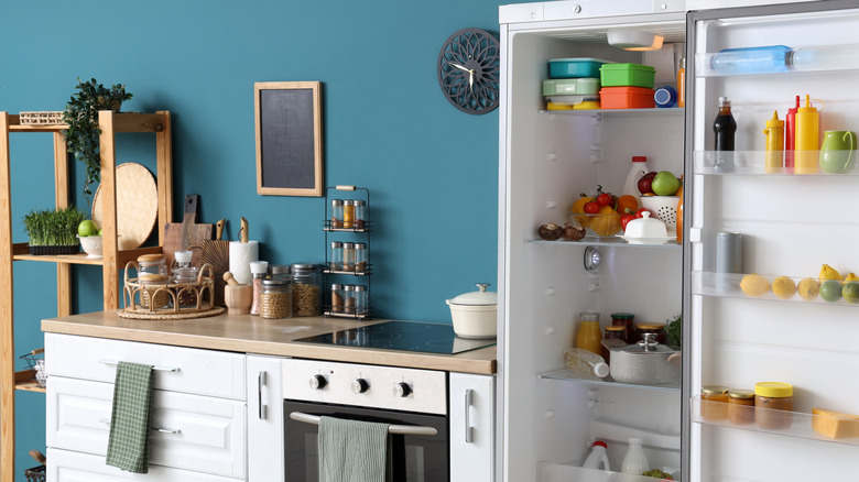 A spice rack on a kitchen counter next to stovetop