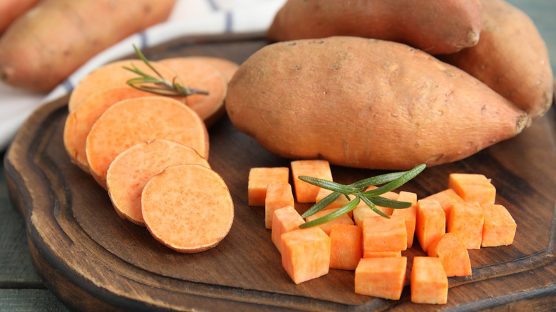 Chopped and whole sweet potatoes