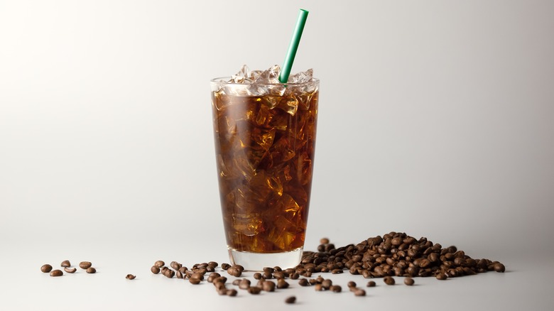Iced coffee with coffee beans