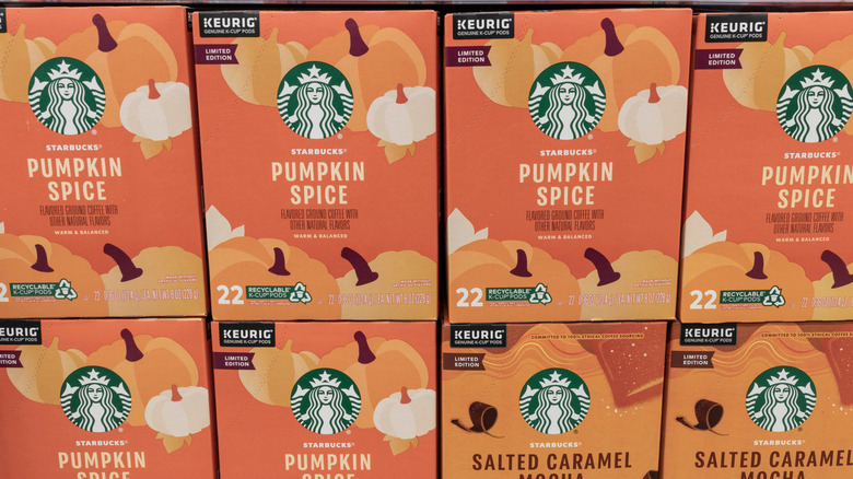Boxes of Starbucks Pumpkin Spice Coffee Pods on a shelf