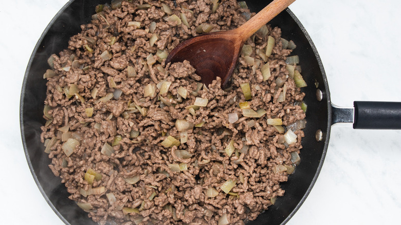 ground beef in skillet 