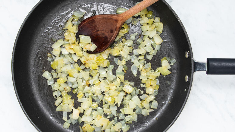 onion and garlic in pan 
