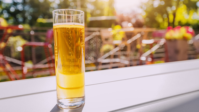 A tall, slim glass of ale on a table outdoors with plants seen in the background