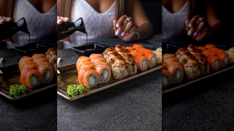 Sushi, soy sauce, and wasabi