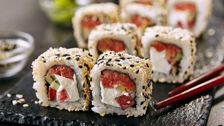 Salmon uramaki on plate