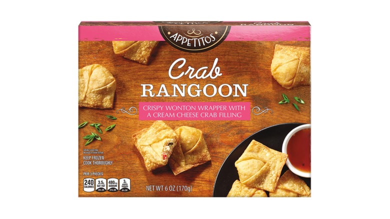 A pink and brown box of Appetitos Crab Rangoon
