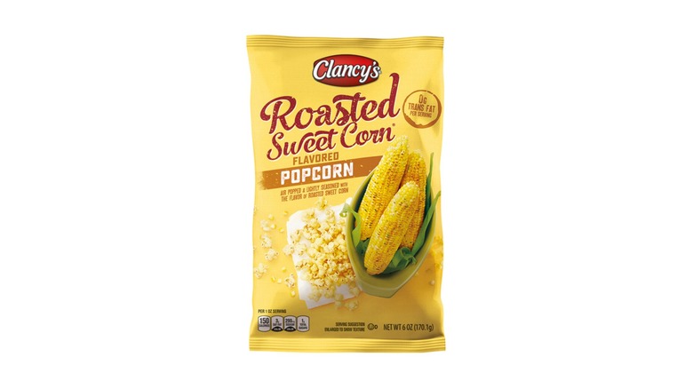 A yellow bag of Clancy's Roasted Sweet Corn Flavored Popcorn