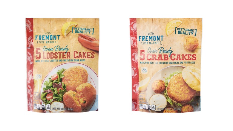 Two bags of Fremont Fish Market Lobster Cakes and Crab Cakes next to each other